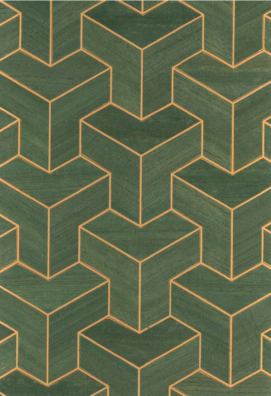 Wood Veneer Geometric Wallpaper - Green + Gold