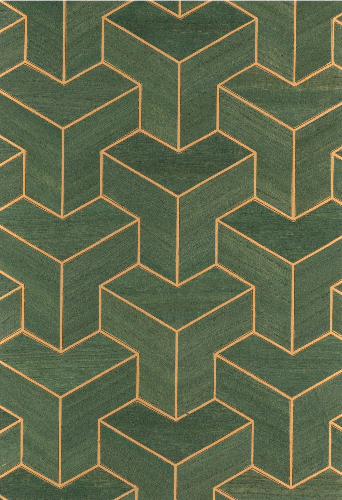 Sample - Wood Veneer Geometric Wallpaper - Green + Gold