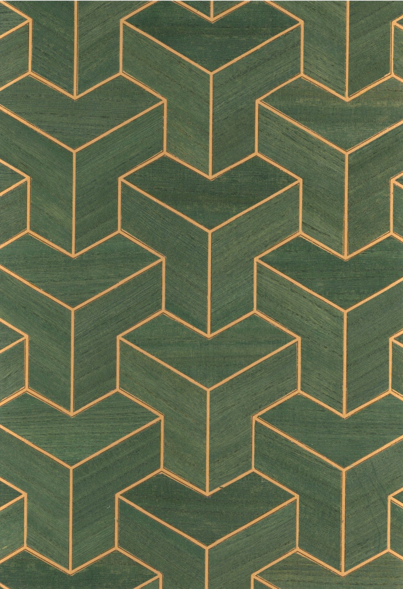 Sample - Wood Veneer Geometric Wallpaper - Green + Gold