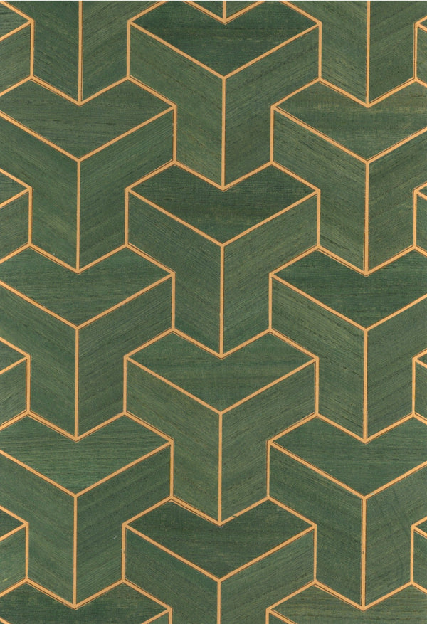 Sample - Wood Veneer Geometric Wallpaper - Green + Gold