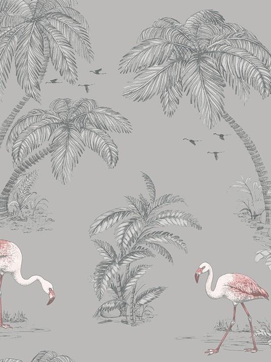 Flamingo Lakes Wallpaper - Grey/Coral