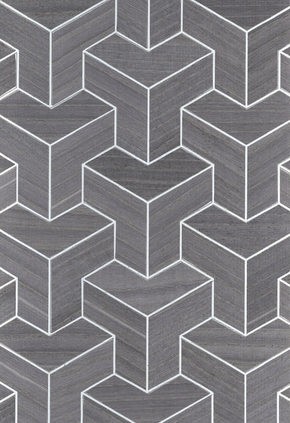 Wood Veneer Geometric Wallpaper - Grey + Silver