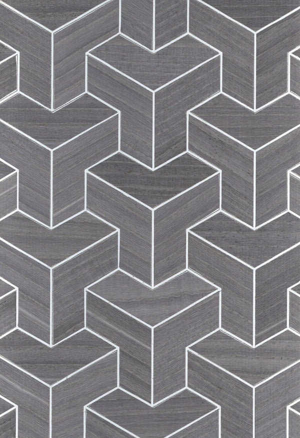 Sample - Wood Veneer Geometric Wallpaper - Grey + Silver