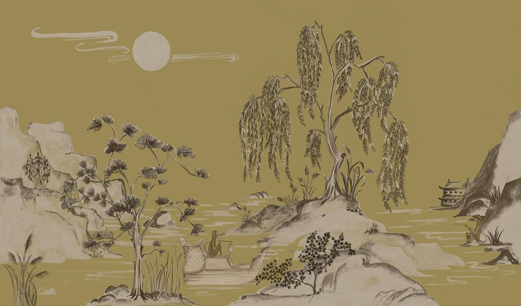 Boulevard Grasscloth Moonlight - Ochre - Custom Sized Wallpaper Mural (per m2)