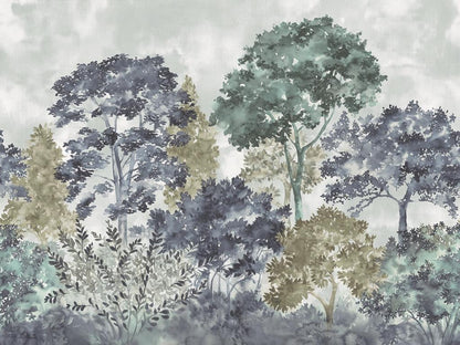 Boulevard Watercolour Tree - Blue Green - Custom Sized Wallpaper Mural (per m2)
