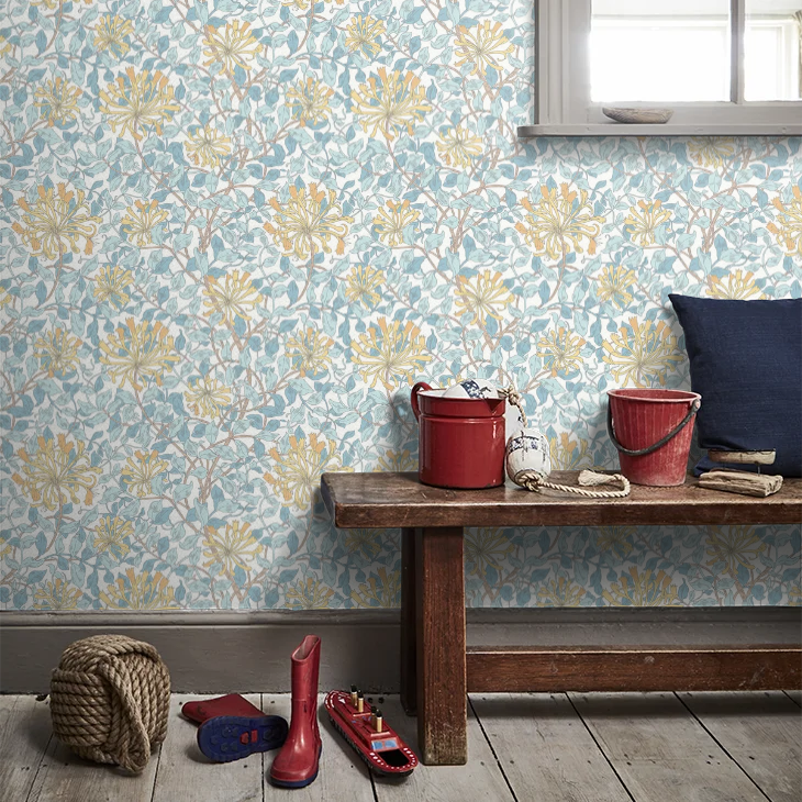 Honeysuckle Leaf Trail Wallpaper - Ohpopsi - Soft Blue