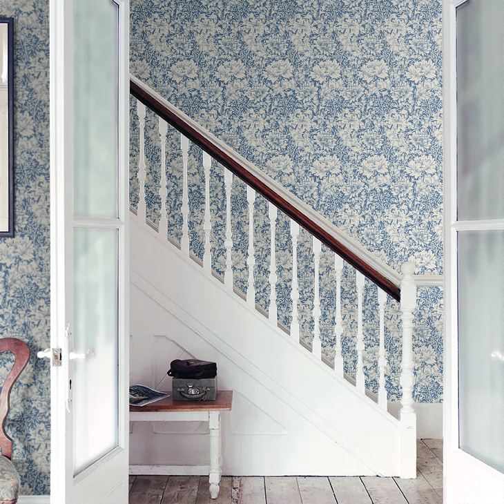 Chrysanthemum - Eden by Morris Wallpaper - Indigo Blue