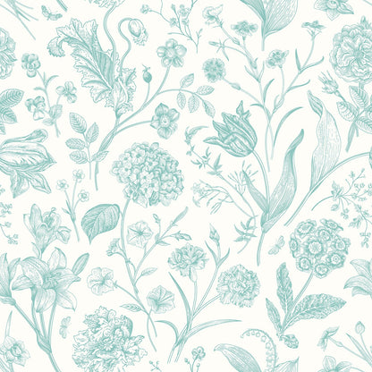 Floral Toile Wallpaper - Duck Egg Blue