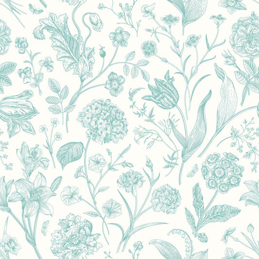 Floral Toile Wallpaper - Duck Egg Blue