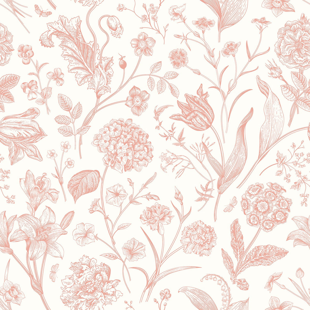 Sample - Floral Toile Wallpaper - Soft Coral
