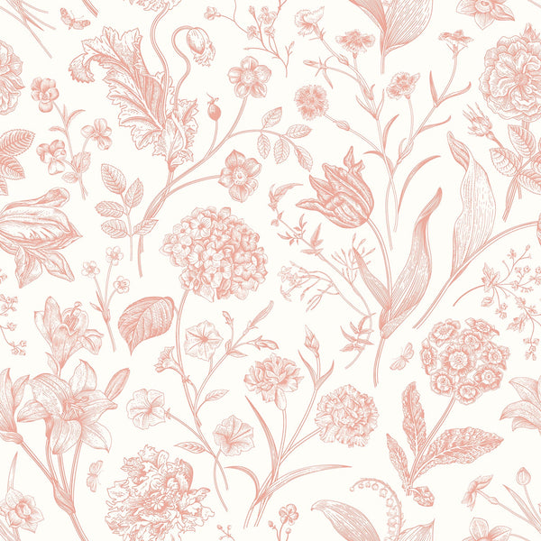 Sample - Floral Toile Wallpaper - Soft Coral