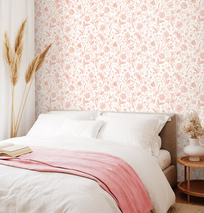 Floral Toile Wallpaper - Soft Coral