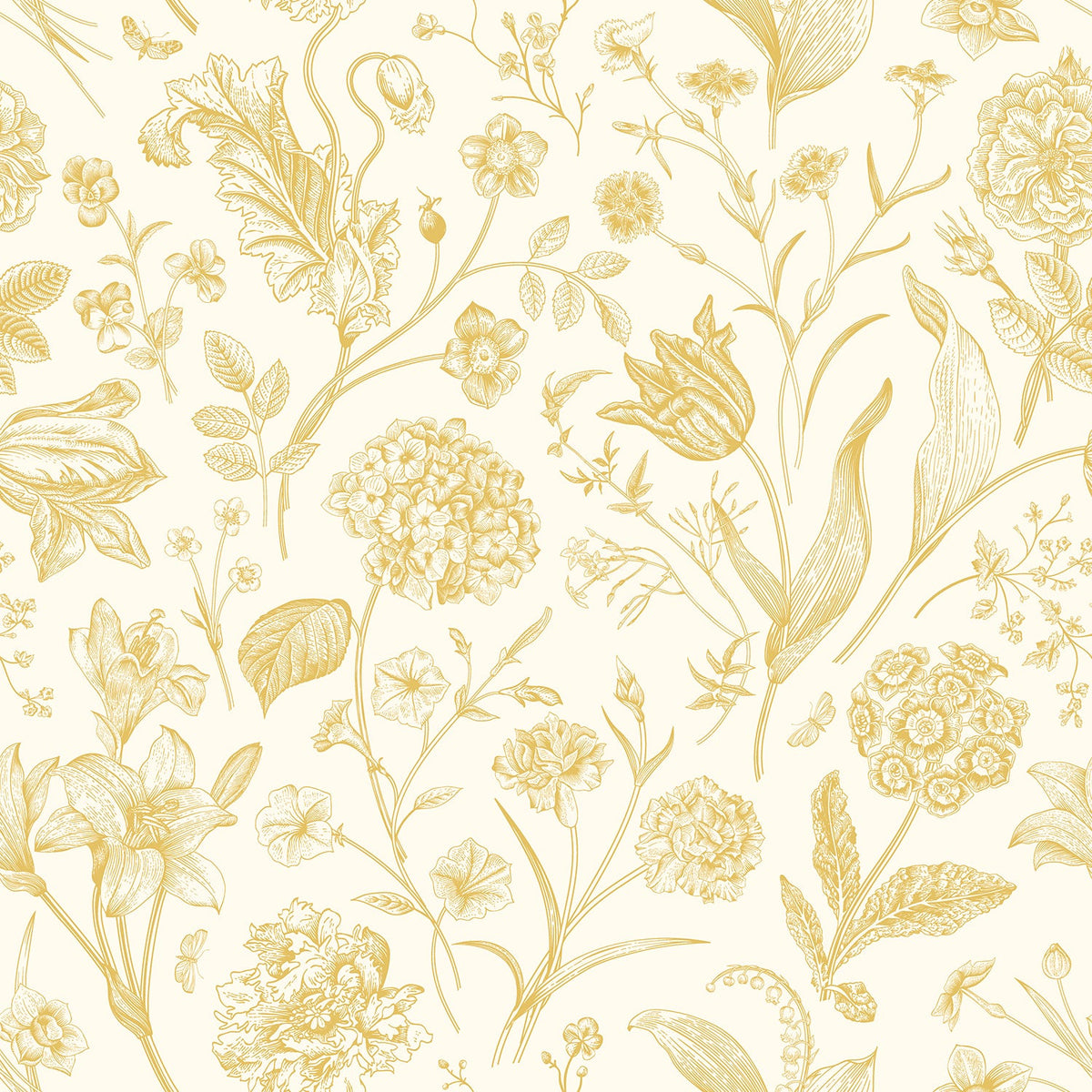 Sample - Floral Toile Wallpaper - Rich Butter