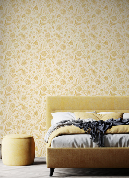 Floral Toile Wallpaper - Rich Butter
