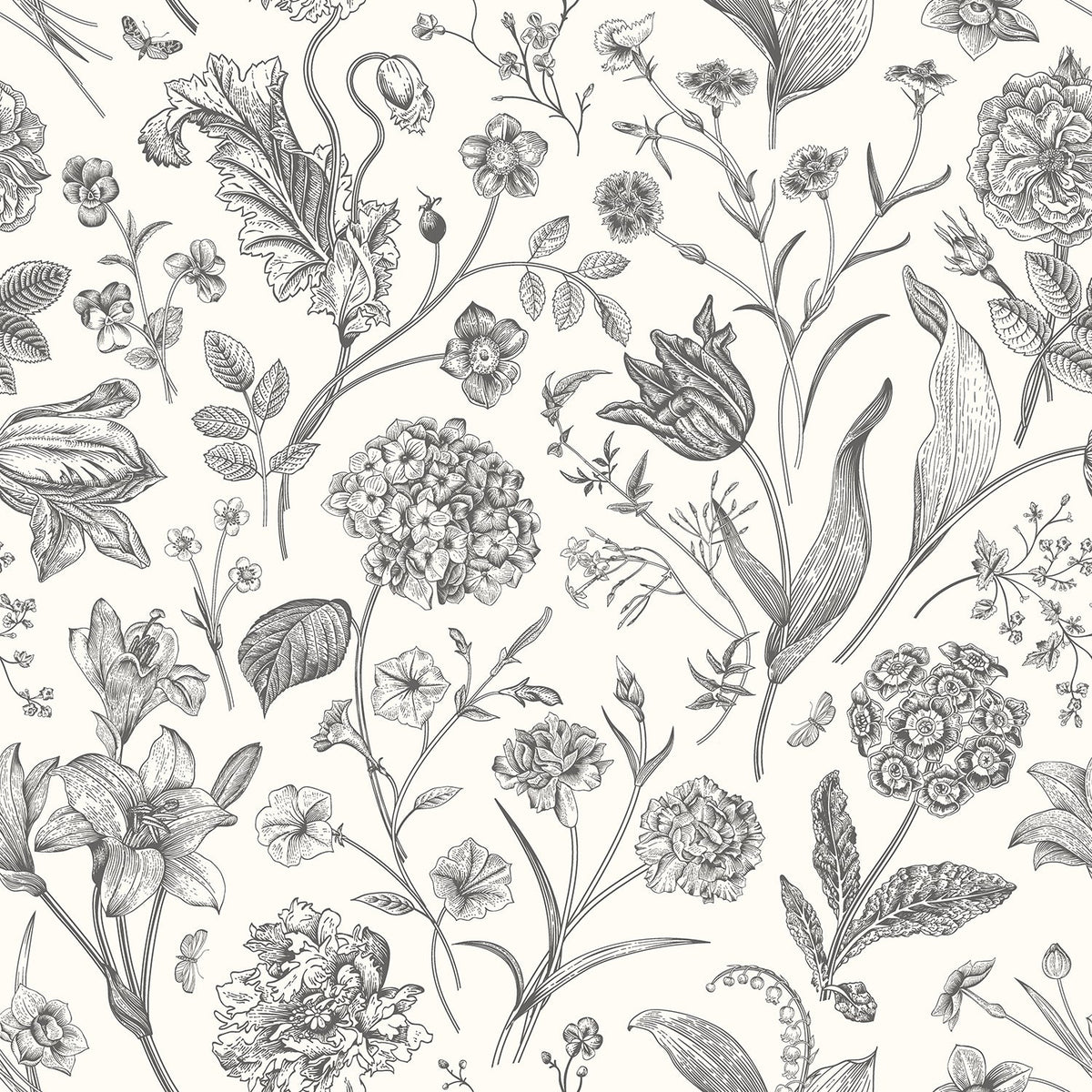 Sample - Floral Toile Wallpaper - Ebony