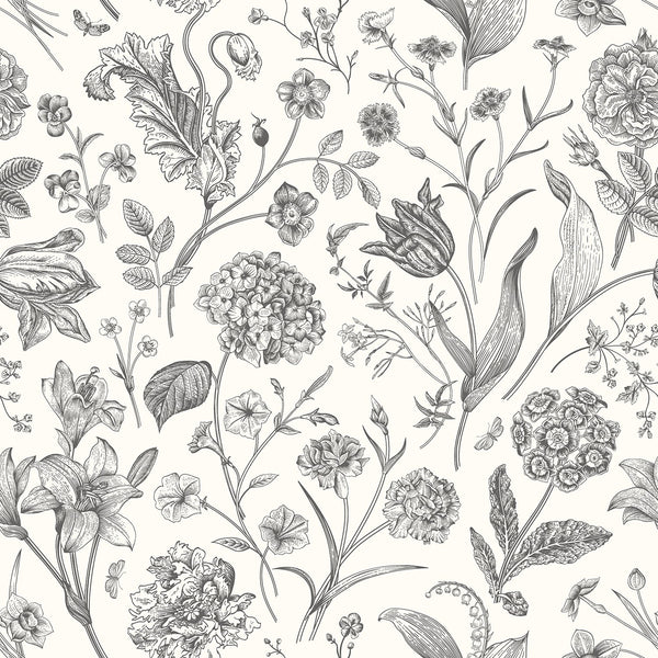Sample - Floral Toile Wallpaper - Ebony
