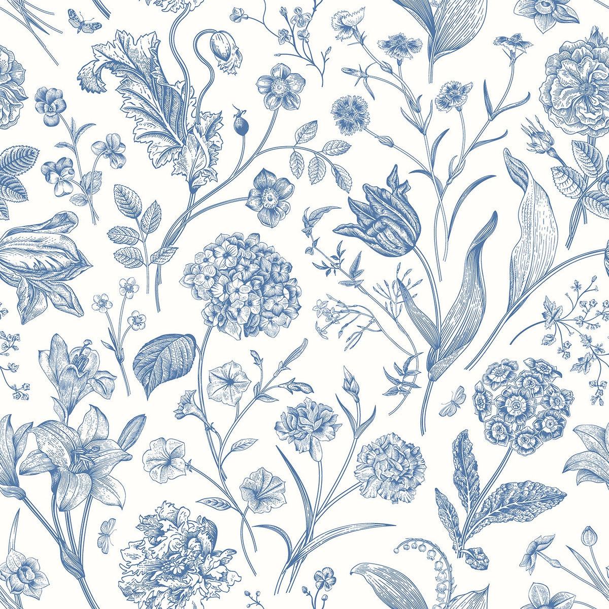 Sample - Floral Toile Wallpaper - Royal Blue