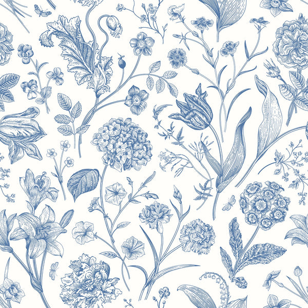 Sample - Floral Toile Wallpaper - Royal Blue