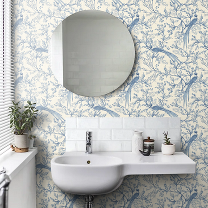 Bird Toile Wallpaper - Dark Denim