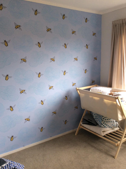 Hairy Bee Wallpaper - Baby Blue