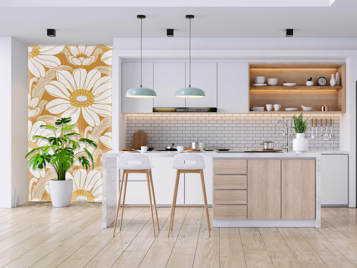 Happy Hippy Floral Wallpaper - Ochre Orange - Custom Mural Wallpaper (per m²)