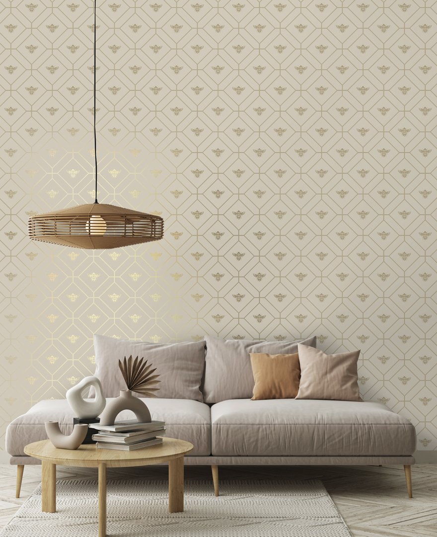 Honeycomb Bee - Geometric Metallic Wallpaper - Taupe