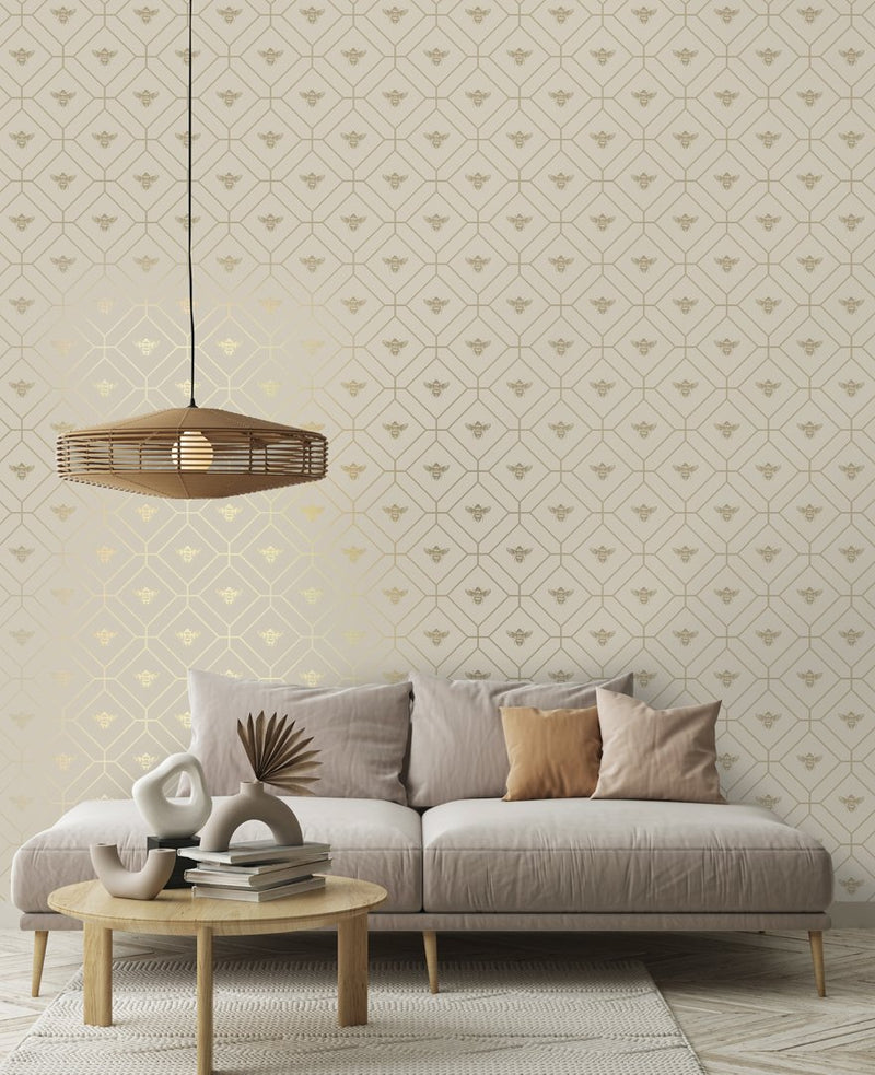 Honeycomb Bee - Geometric Metallic Wallpaper - Taupe