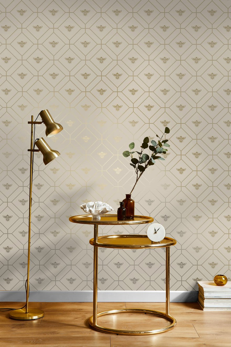 Honeycomb Bee - Geometric Metallic Wallpaper - Taupe