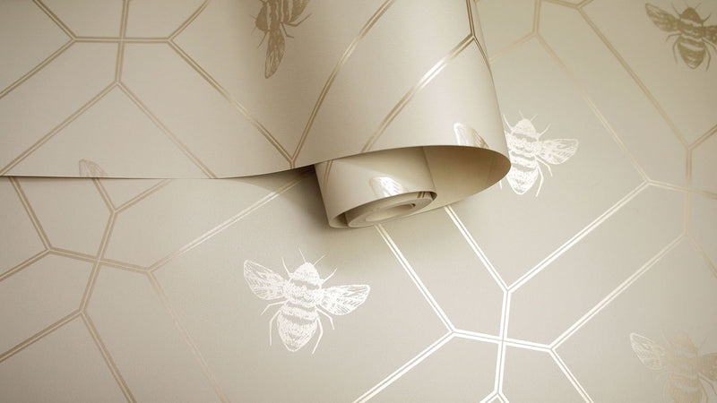 Honeycomb Bee - Geometric Metallic Wallpaper - Taupe