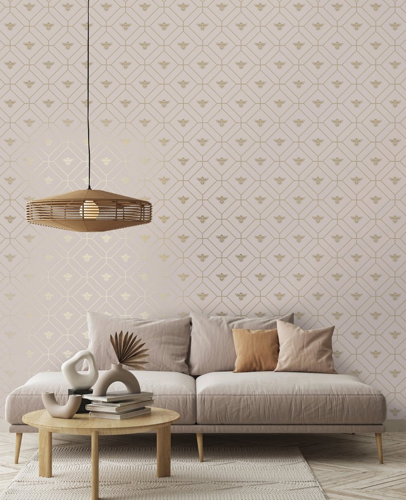 Honeycomb Bee - Geometric Metallic Wallpaper - Blush