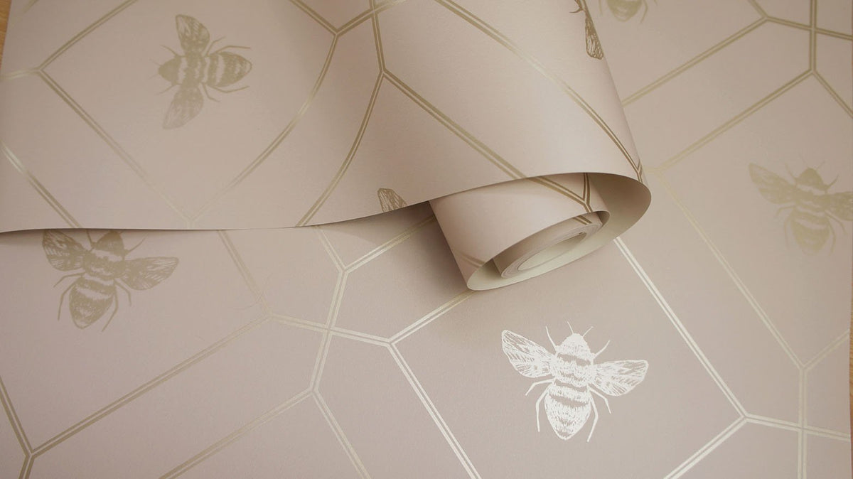 Honeycomb Bee - Geometric Metallic Wallpaper - Blush