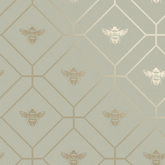 Honeycomb Bee - Geometric Metallic Wallpaper - Sage Green
