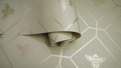 Honeycomb Bee - Geometric Metallic Wallpaper - Sage Green