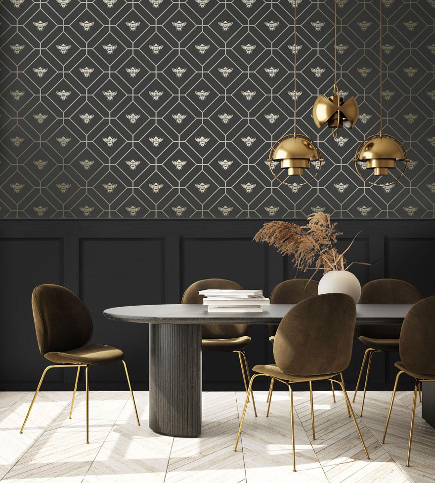 Honeycomb Bee - Geometric Metallic Wallpaper - Black/Charcoal