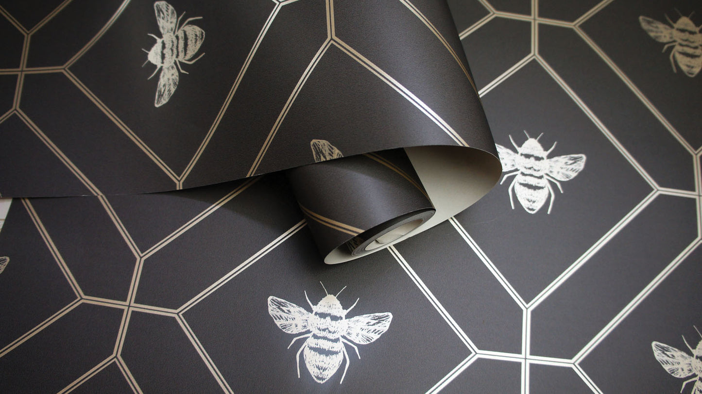 Honeycomb Bee - Geometric Metallic Wallpaper - Black/Charcoal
