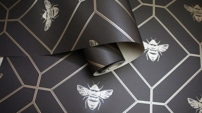 Honeycomb Bee - Geometric Metallic Wallpaper - Black/Charcoal