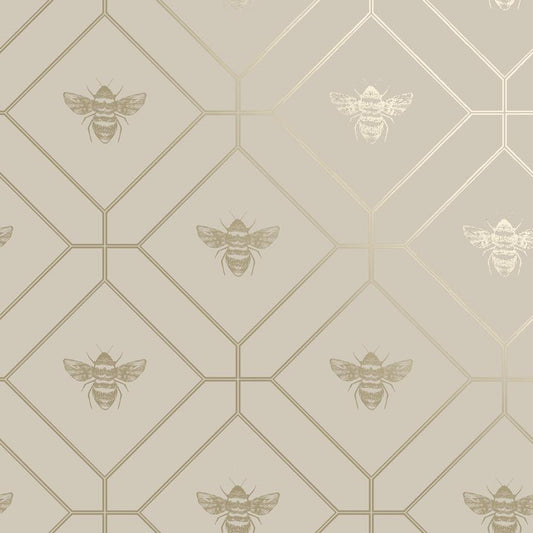 Honeycomb Bee - Geometric Metallic Wallpaper - Taupe