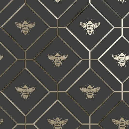 Honeycomb Bee - Geometric Metallic Wallpaper - Black/Charcoal