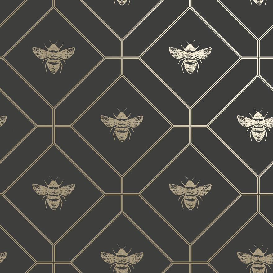 Honeycomb Bee - Geometric Metallic Wallpaper - Black - Charcoal