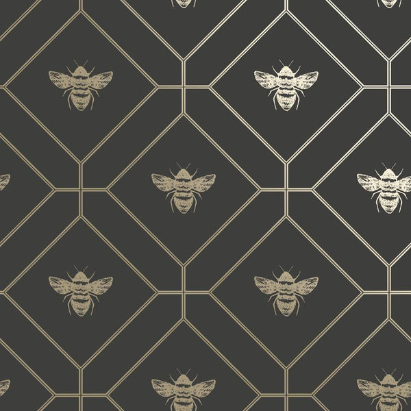 Sample - Honeycomb Bee - Geometric Metallic Wallpaper - Black - Charcoal