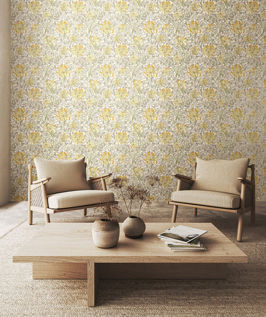 Honeysuckle Leaf Trail Wallpaper - Ohpopsi - Warm Grey