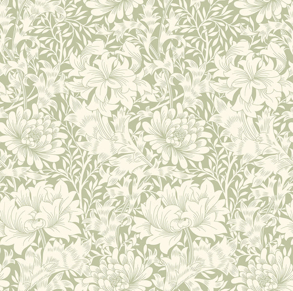 Sample - Chrysanthemum - Eden by Morris Wallpaper - Sage Green