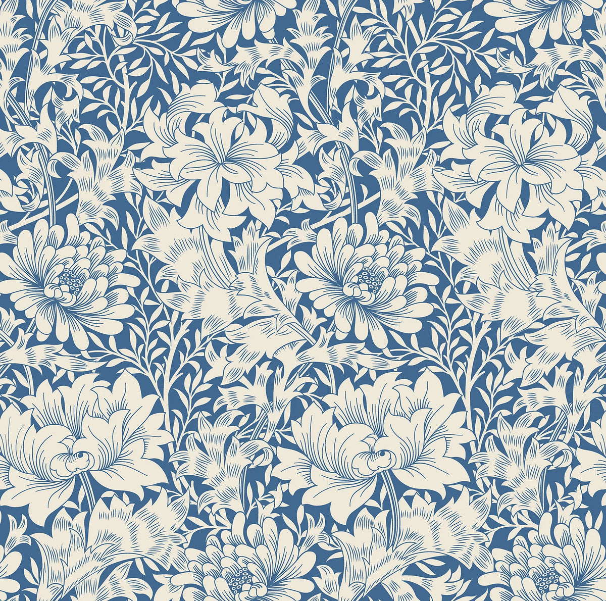 Sample - Chrysanthemum - Eden by Morris Wallpaper - Indigo Blue