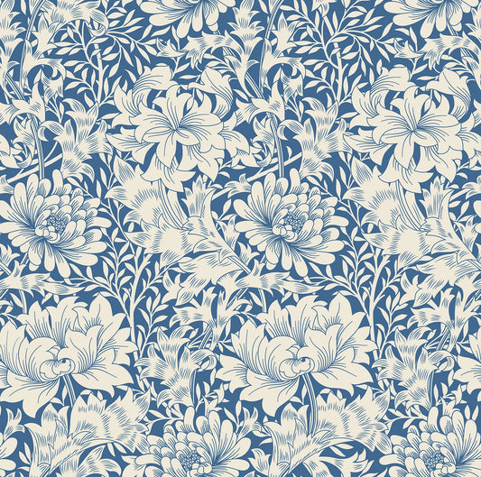 Chrysanthemum - Eden by Morris Wallpaper - Indigo Blue