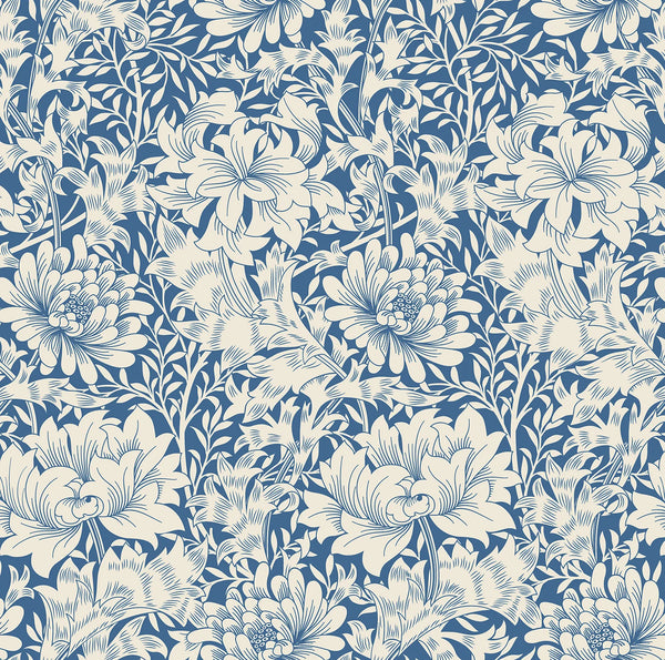 Sample - Chrysanthemum - Eden by Morris Wallpaper - Indigo Blue