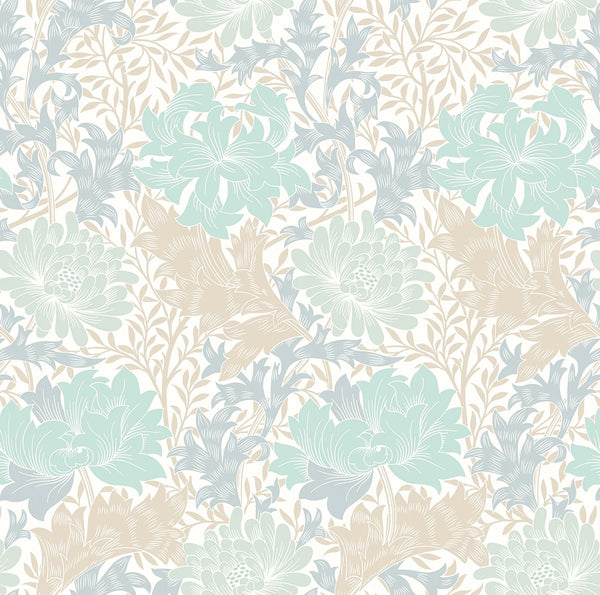 Sample - Chrysanthemum - Eden by Morris Wallpaper - Duck Egg Blue