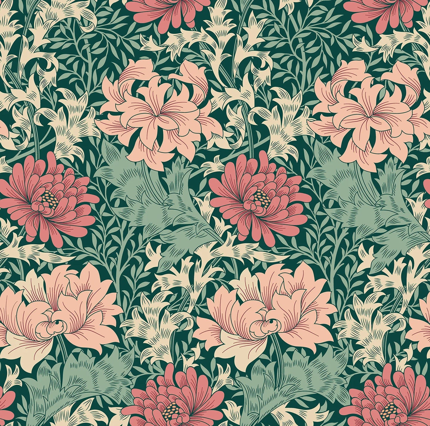 Chrysanthemum - Eden by Morris Wallpaper - Green/Pink
