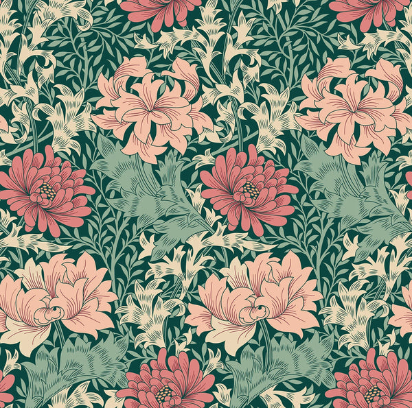 Sample - Chrysanthemum - Eden by Morris Wallpaper - Green/Pink