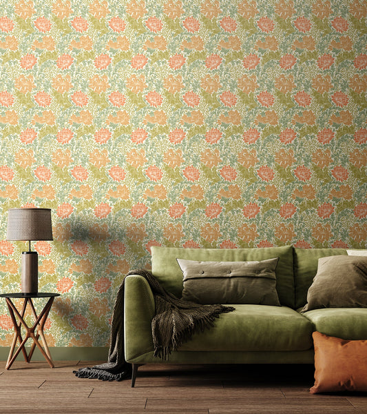 Chrysanthemum - Eden by Morris Wallpaper - Sage/Amber