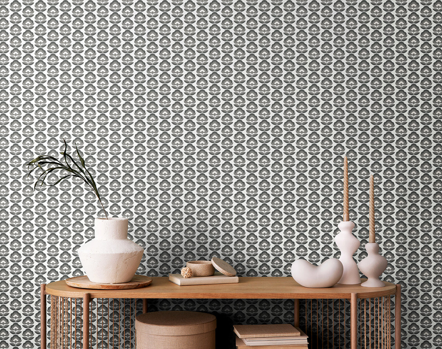 Retro Flower - Blooms Wallpaper - Charcoal